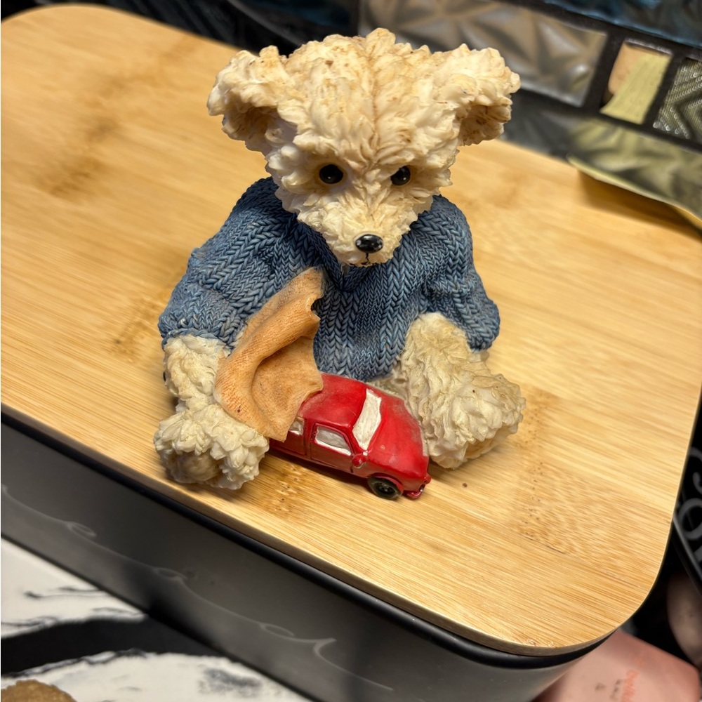Cream Bear Figurine in Blue Sweater Holding Red Toy Car - Decorative Accent